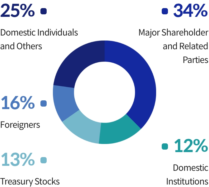 25% domesctic indivisual and others 34% major shareholder and related parties 16% foreigners 13% treasury stocks 12% domestic institutions