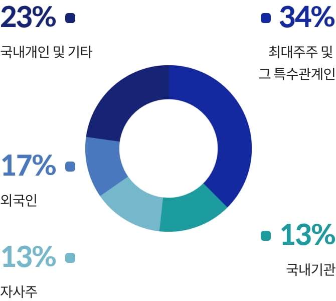 23% 국내개인 및 기타 34% 최대주주 및 그 특수관계인 17% 외국인 13% 자사주 13% 국내기관