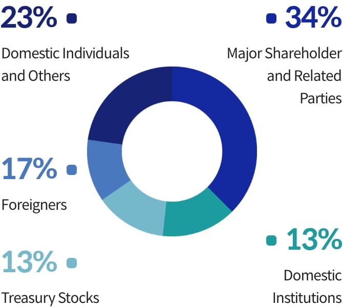 23% domesctic indivisual and others 34% major shareholder and related parties 17% foreigners 13% treasury stocks 13% domestic institutions