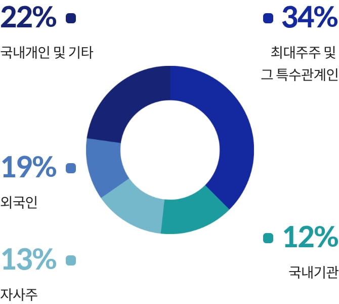 23% 국내개인 및 기타 34% 최대주주 및 그 특수관계인 18% 외국인 13% 자사주 12% 국내기관