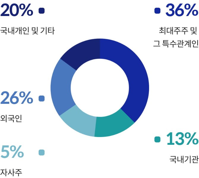 20% 국내개인 및 기타 36% 최대주주 및 그 특수관계인 26% 외국인 5% 자사주 13% 국내기관